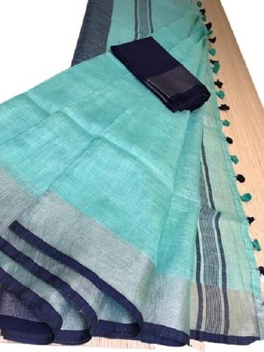 Ladies Plain Sky Blue With Brown Formal Wear Cotton Saree