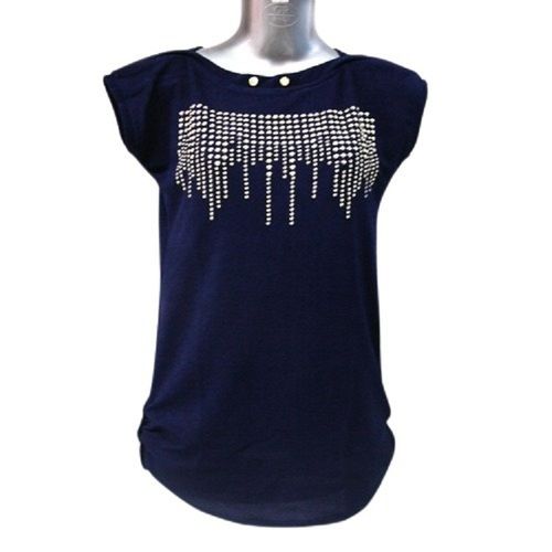 Ladies Printed Casual Wear Short Sleeve Navy Blue Cotton Top Length: 40 Inch (In)