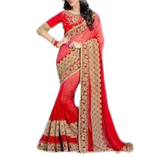 Party Wear Ladies Red And Golden Embroidered Cotton Saree