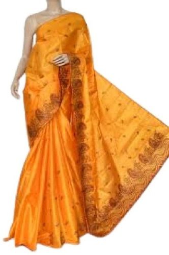 Summer Ladies Yellow With Brown Printed Party Wear Art Silk Saree