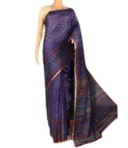 Navy Blue Printed Pattern Broad Border Festival Wear Pure Silk Saree