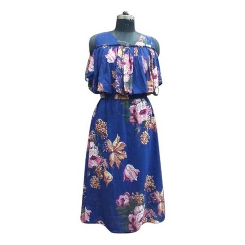 Multicolor Sleeveless Round Neck Floral Printed Party Wear Cotton Dresses For Ladies