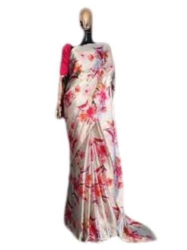 Pink With White Stylish Casual Wear Floral Printed Chiffon Sarees For Ladies