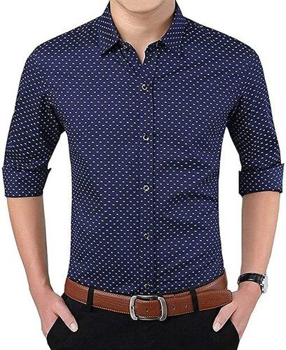 Casual Wear Men Full Sleeves Blue And White Dotted Plain Cotton Shirt