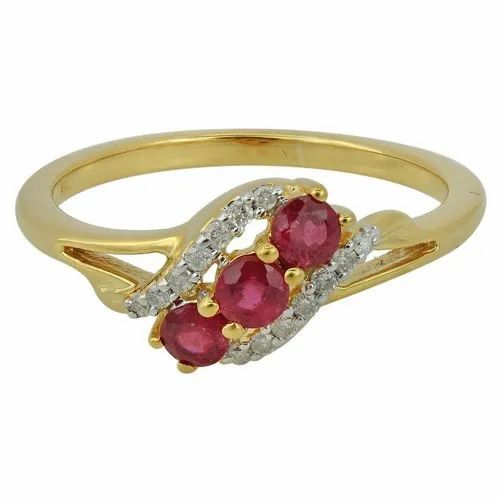 Gold Diamond Ruby Gemstone Ring - Shape: Round