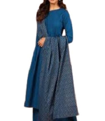 Blue Ladies Full Sleeves Printed Pattern Breathable Cotton Salwar