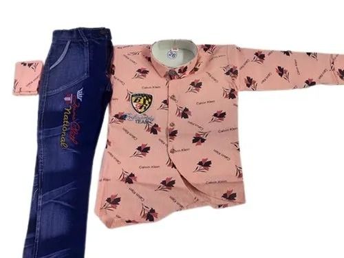 Party Wear 25 Inch Classic Collar Printed Full Sleeve Cotton Boy Kids Jeans Shirt Set Age Group: 1 To 10 Year