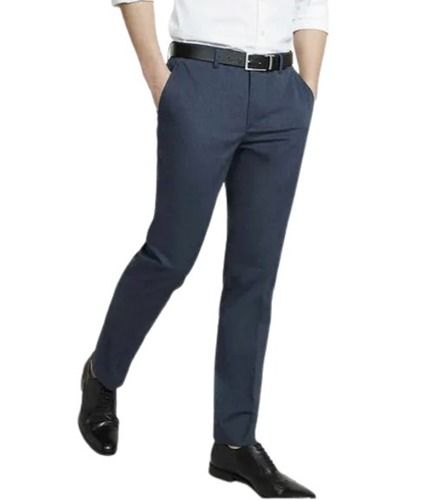 Blue Plain Regular Fit Button Closure Office Wear Cotton Formal Pants