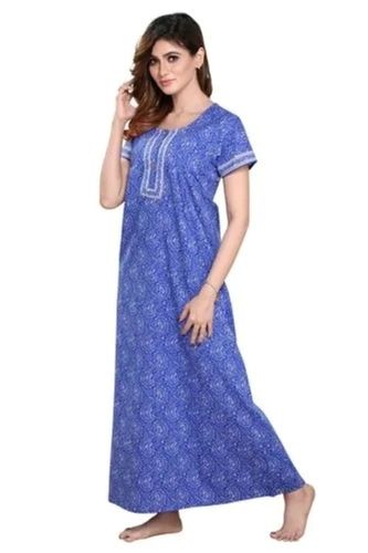 Blue Casual Wear Printed Pattern Smooth Comfortable Short Sleeve Cotton Nighty For Women