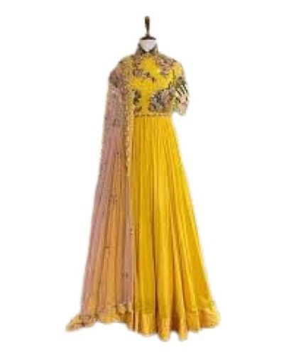 Yellow With Golden Ladies Party Wear Short Sleeve Anarkali Salwar Kameez 