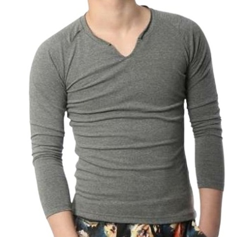 Grey Mens Plain Cotton Long Sleeve V Neck T Shirt
