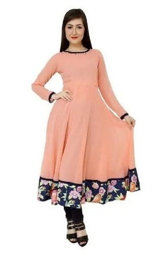 Peach And Black Party Wear Full Sleeve Georgette Ladies Dresses