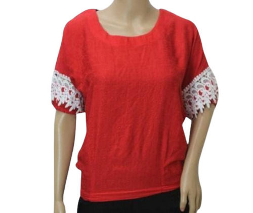 Red And White Women Regular Fit Short Sleeves Casual Wear Cotton Top