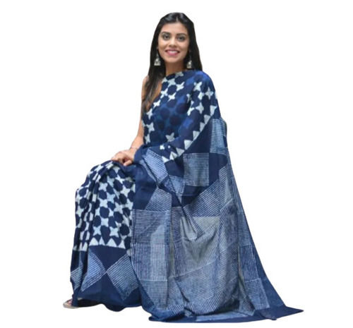 Blue And White 5.5 Meter Length Daily Wear Printed Cotton Saree For Ladies