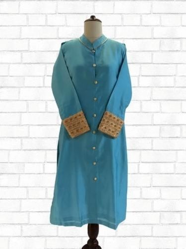 Skyblue Casual Wear Stand Collar Full Sleeves Plain Embroidered Silk Kurti For Ladies