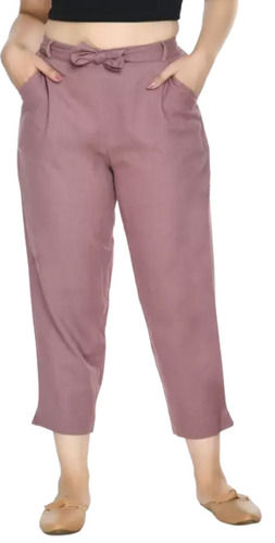 Pink Comfort Fit Closure Ribbon Casual Wear Unfadable Plain Cotton Trousers For Ladies