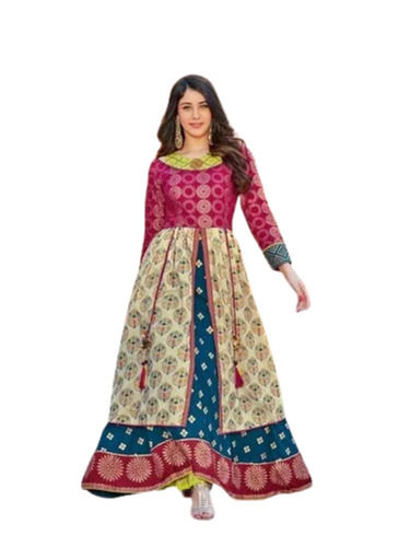 Multicolor Designer Round Neck Full Sleeves Cotton Printed Kurti For Ladies