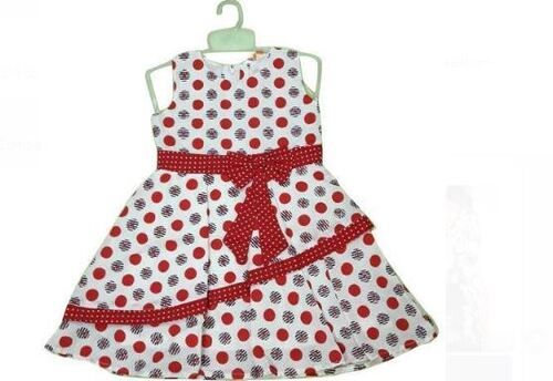 Girls Lace Closure Round Neck Sleeveless Dot Printed Casual Cotton Frock