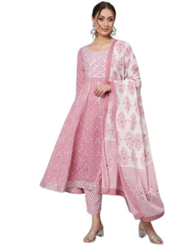 Round Neck Breathable Comfortable Printed Cotton Silk Anarkali Suit For Ladies