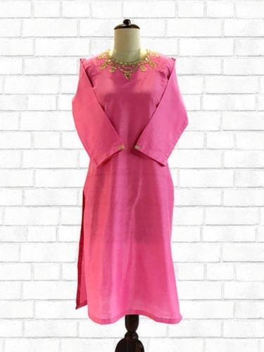 Pink Traditional Wear Plain Round Neck Full Sleeves Necklace Embroidery Cotton Kurti