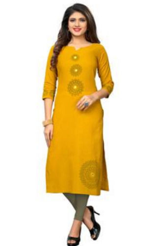 Yellow Comfortable And Long Sleeves Daily Wear Plain Cotton Kurti