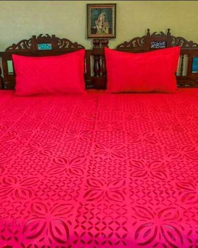 Premium Red Applique Work Cotton Double Bedsheet With Pillow Cover