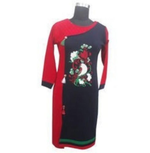 Multicolor Round Neck And Long Sleeves Daily Wear Printed Woolen Kurti