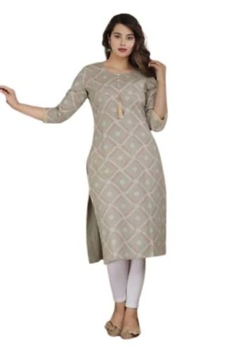 Grey And White 3/4Th Sleeves Round Neck Casual Wear Skin Friendly Printed Cotton Kurti