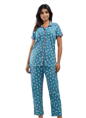 Blue Cotton Short Sleeves Printed Wrinkle Resistant Night Suit For Ladies