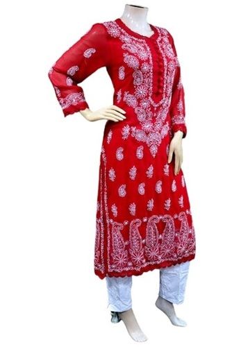 Red With White Ladies Embroidered Full Sleeve Style Cotton Chikankari Kurti