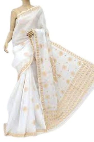 Summer Ladies Printed Casual Wear White With Sandal Cotton Saree 