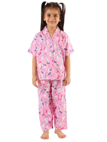 Short Sleeves Button Closure Printed Cotton Night Suit For Kids