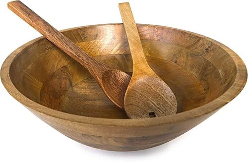 Brown Handmade Food Grade Polished Acacia Wood Salad Bowl With Servers