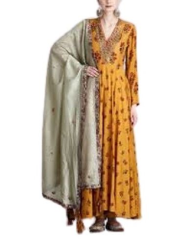 Indian Ladies Yellow Printed Full Sleeve Polyester Cotton Salwar Suit