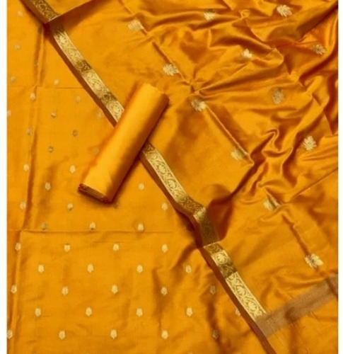 Yellow And Golden Light Weight Anti Wrinkle Unstitched Zari Work Silk Suit With Dupatta