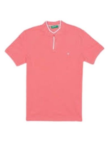 Pink Short Sleeve Polo Neck Casual Wear Plain Cotton T-Shirts For Men