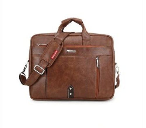 Tan Brown Unisex Plain Textured Zip Closure Leather Office Use Strong Handle Laptop Bag