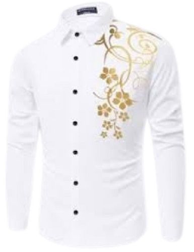 Washable White Straight Collar Full Sleeve Printed Casual Cotton Shirt For Men