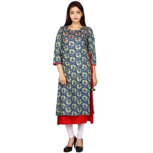 Multicolor 40 Inches 3-4Th Sleeve Light Weight Casual Wear Printed Rayon Kurti