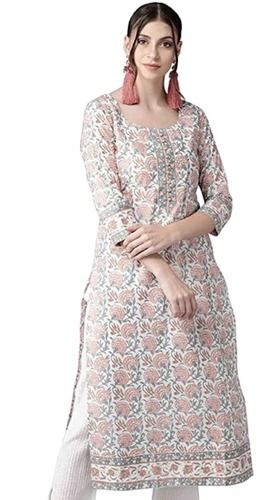 Multicolor 42 Inch 3-4Th Sleeves Breathable Wrinkle Resistant Printed Cotton Kurti