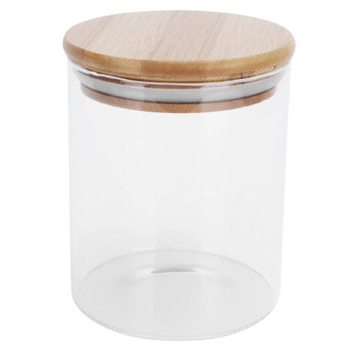 Transparent 450Ml Leak Proof And Air Tight Round Glass Storage Jar With Wooden Lid 