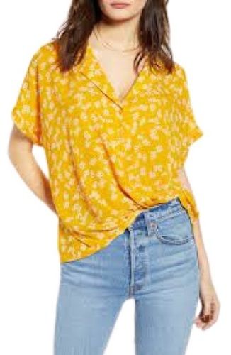 Ladies Yellow Printed Short Sleeve Casual Wear Chiffon Top Length: 21 Inch (In)