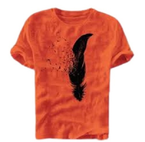 Mens Orange And Black Printed Short Sleeves Round Neck Regular Fit Cotton T Shirt