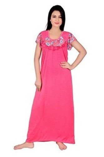 Pink Short Sleeves Round Neck Printed Polyester Nighty For Women