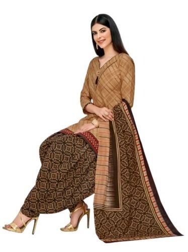 Brown Comfortable Short Sleeves Button Printed Cotton Silk Salwar Suits