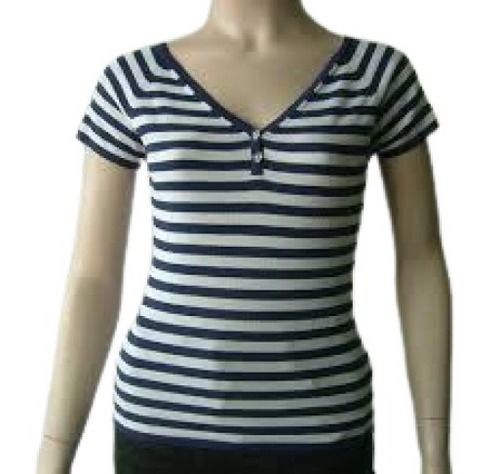 White With Navy Blue Stylish Casual Wear V Neck Half Sleeve Striped Knitted T-Shirt For Women