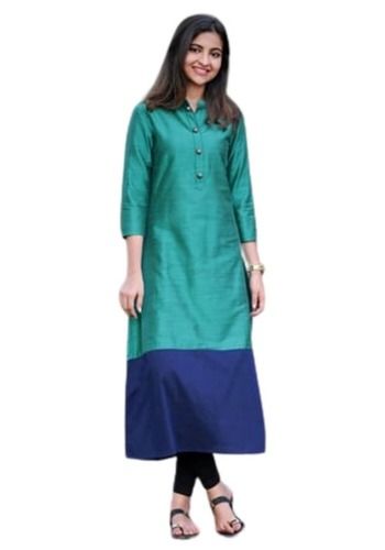 Washable V Neck Long Sleeves Casual Wear Soft And Shiny Plain Silk Kurti For Women 