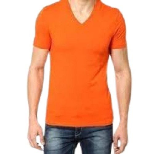 Orange  Fashionable Plain Short Sleeve Cotton V Neck Collar T-Shirt For Men