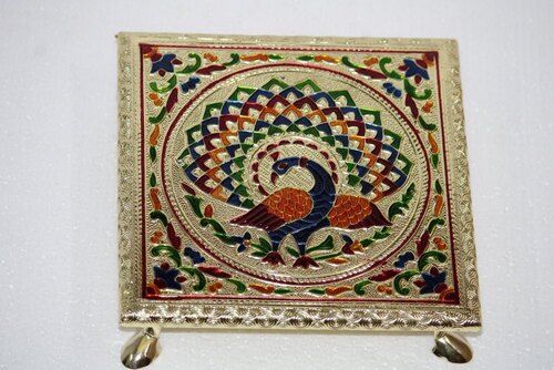 15 X 15 X 6 Inch Marble, Wooden Handmade Square Printed Antique Pooja Chowki