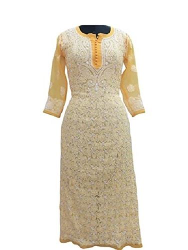 3/4Th Sleeves And Round Neck Hand Embroidered Georgette Chikan Kurtis For Ladies Bust Size: 38 Inch (In)